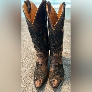 Old Gringo Nicolette 15” Brown Boots with Black Lace Floral Design